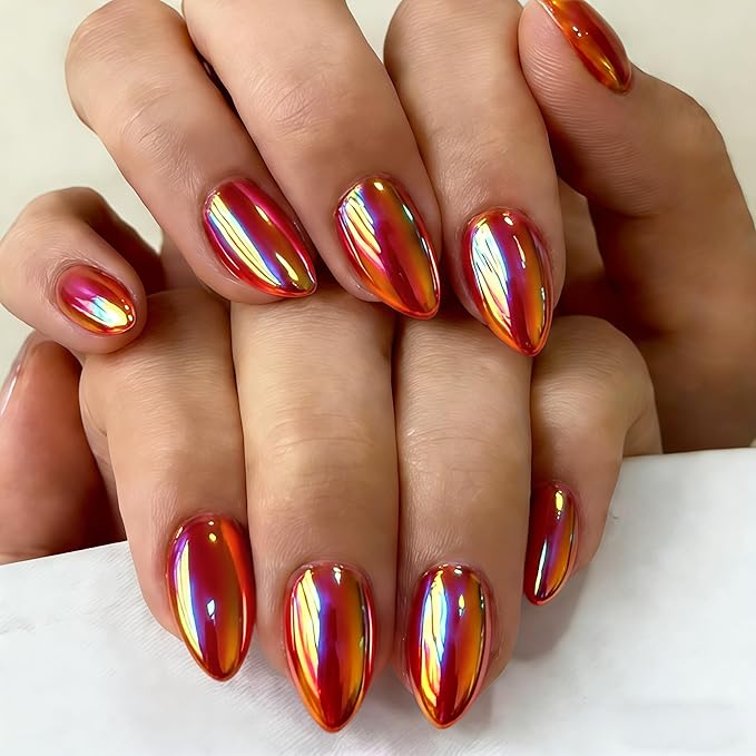 Chrome Golden Red Press on Nails Short Almond, Glazed Cute Fake Nails with Sparkle Mirror Design, Shiny Glitter Glue on Nails Stiletto, Gel Nail Press ons with Glue for Fingernail 30 Pcs