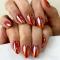 Chrome Golden Red Press on Nails Short Almond, Glazed Cute Fake Nails with Sparkle Mirror Design, Shiny Glitter Glue on Nails Stiletto, Gel Nail Press ons with Glue for Fingernail 30 Pcs