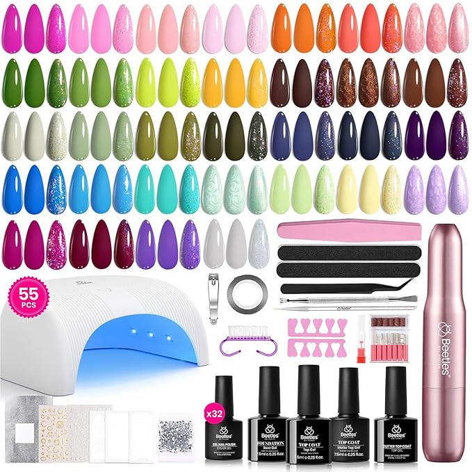 Beetles 55Pcs Gel Nail Polish Kit with U V Light and Nail Drill - 32 Color Gel Nails Kit Fun Camp Professional Manicure Set with Everything and Base Top Coat Home Salon Gifts for Teens Girls Women