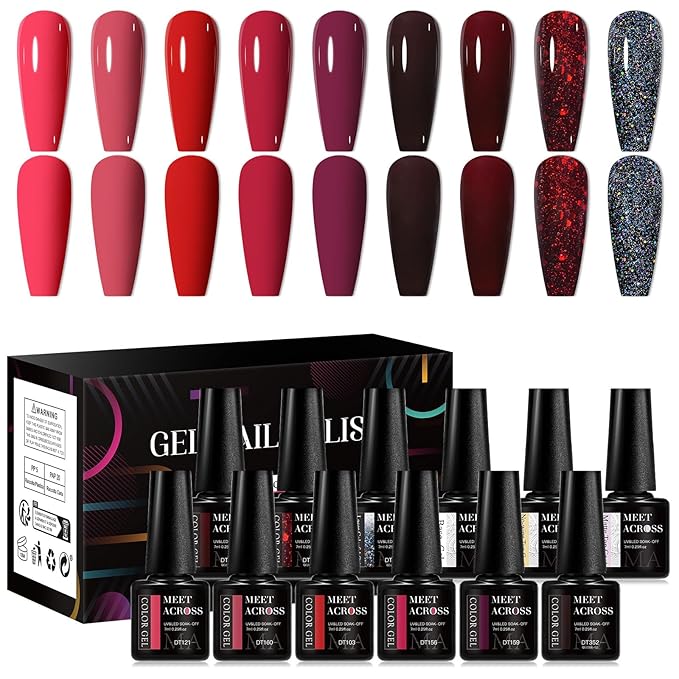 MEET ACROSS 9 Colors Gel Nail Polish + 3PCS Function Gel Nail Polish Kit,Fashion Nail Art Set Design Gifts for Women Manicure Salon (SET1, 12pcs)