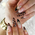 French Tip Leopard Print Press on Nails Medium Almond False Nails with Gold Design Fake Nails Black French Tips Glossy Artificial Nails Gold Beads Full Cover Stick on Nail for Women Manicure 24Pcs