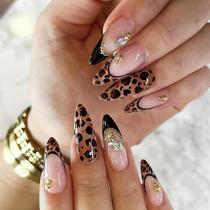 French Tip Leopard Print Press on Nails Medium Almond False Nails with Gold Design Fake Nails Black French Tips Glossy Artificial Nails Gold Beads Full Cover Stick on Nail for Women Manicure 24Pcs
