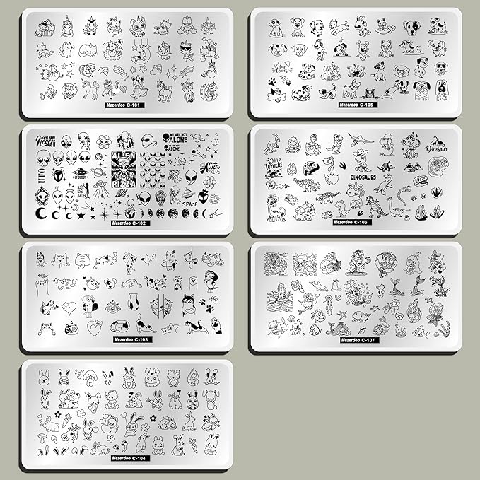 Cat Puppy Unicorn Nail Stamping Plate Kit Set, 7pcs Star Heart Cute Animal Design Nail Stamper Plate Rabbit Dogs Mermaid Image Stamping Plates Alien Dinosaur Nail Art Stamp Templates Stencils Tools
