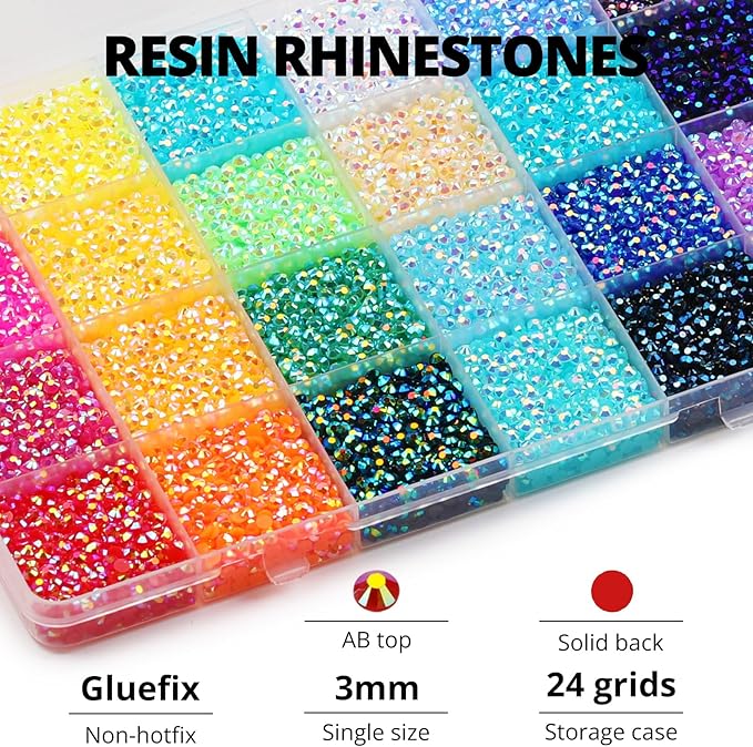 33000Pcs 3mm Rainbow Jelly Rhinestones Gems for Bedazzling Crafting, Colorful Bedazzled Resin Gemstone Flatback Jewel, SS10 Multi Colored Bedazzler Kit with B7000 Glue for Book Clothes Crafts Clothing