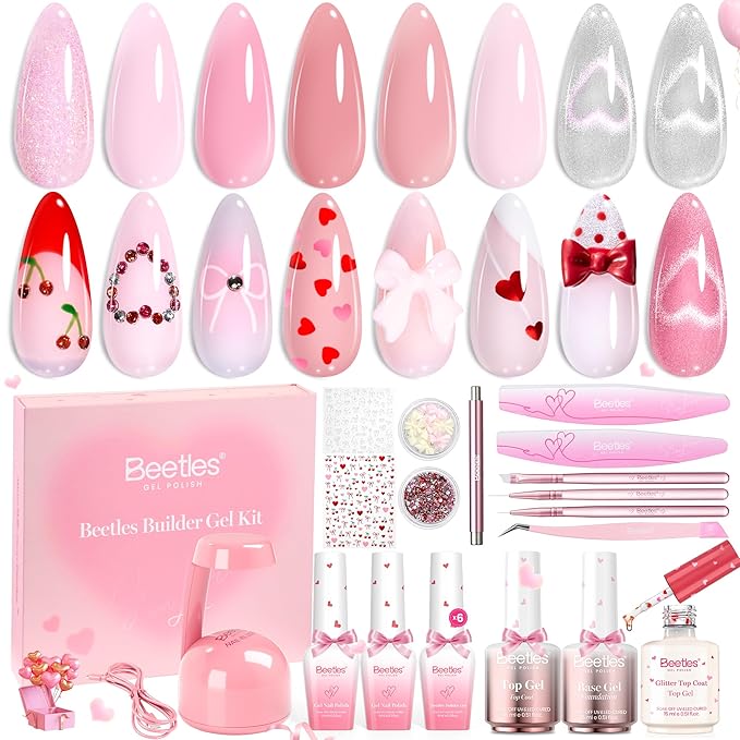 Beetles Builder Gel Nail Kit with MINI Nail Lamp-Blush Charm Valentine's Edition Nail Thickening Strengthening Building Apex for Beginner DIY Salon at Home with Base & Top Coat,Pink Builder Nail Gel