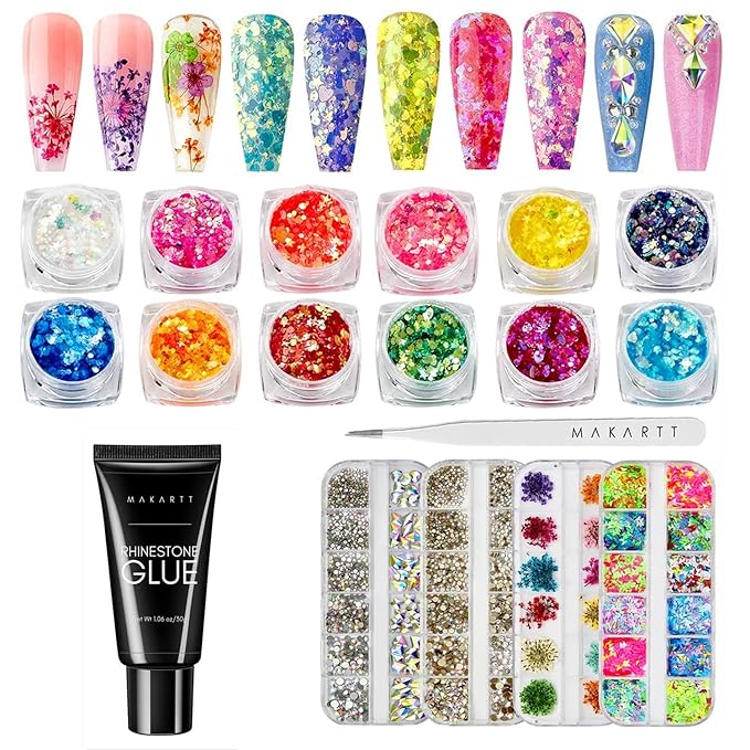 Makartt Nail Rhinestone Glue Gel for Nail Glitters Nail Gems Bundle with Nail Decorations Kit 3D Butterfly Dried Flowers with Nail Tweezers