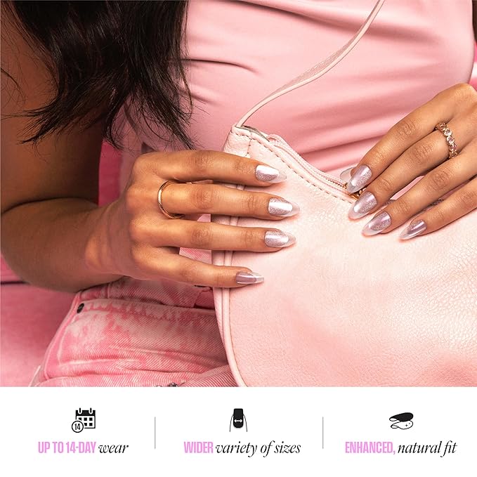 KISS GLAM, Press On Nails, Nail glue included, 'Ripple', Pink, Medium Size, Almond Shape, Includes 32 Nails, 2g Glue, 1 Manicure Stick, 1 Mini File