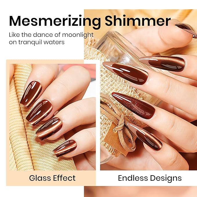 MIZHSE Brown Jelly Glass Cat Eye Gel Nail Polish, 12mL Holographic Glitter Cateye Gel Polish U V LED Sheer Color Magnetic Gels Nail Polish for Nail Salon Home DIY