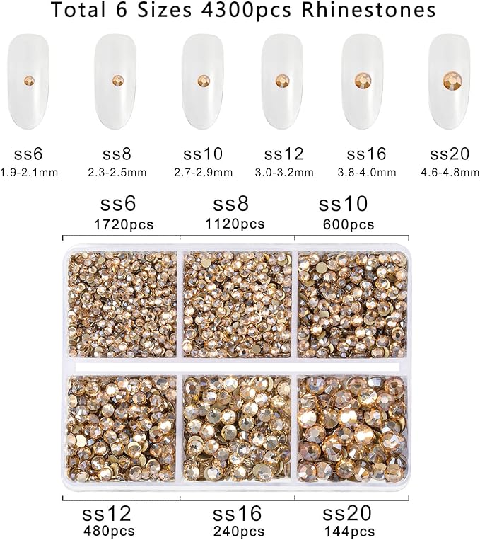 Beadsland 4300pcs Flatback Rhinestones,Gold Rhinestone Nail Gems Round Crystal Rhinestones for Crafts,Mixed 6 Sizes with Picking Tweezers and Wax Pencil Kit, SS6-SS20,Golden Shadow