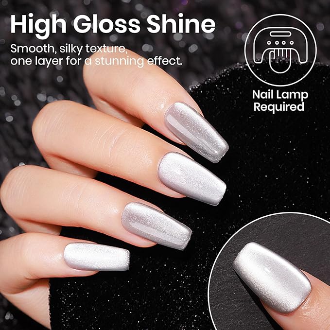 MIZHSE Cat Eye Gel Nail Polish, 12mL Silver Cateye Gel Polish Glitter Moonlight Cat Eye Effect Soak Off U V LED Gel Polish for Nail Art Manicure Salon Home DIY