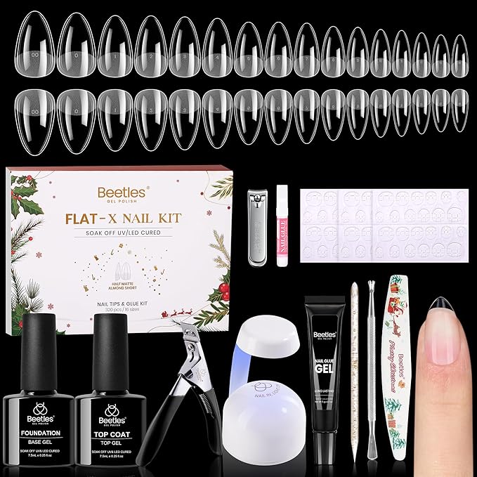 Beetles Gel Nail Kit Flat-X, Almond Short, 320pcs 16 Sizes, with 15g Hands-free Solid Nail Glue Gel, Mini Lamp, Christmas Limited Set, Pre-Etched Half Matte Nail Extension Set for Home DIY