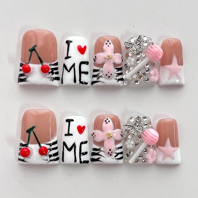 French Tip Press on Nails Handmade Short Duck 3D Flower Thick Acrylic Nails Cute False Nails with Lollipop Cherry Stars Designs White Glossy Fake Nail Sturdy Art Press on Nail 10Pcs(S)
