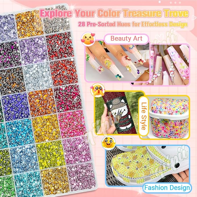28 Color 3mm Crystal Resin Rhinestones w B7000 Glue for Bedazzling Crafting SS10 Flatback Colorful Stones Crystals Gems Diamonds Bedaazler Kit for Nails Eyes Face Makeup Tumblers Bottles Crafts