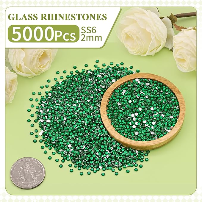 5000PCS SS6/2mm Crystal Rhinestones (Emerald Green), Bedazzling Flatback Glass Rhinestones for Crafting, Gems Diomand Charms for Tumbler Shoes Clothing Mugs Nail Art