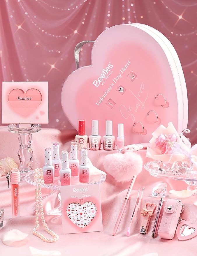 Beetles So In Love Collection – Glow In Love Valentine Gel Nail Polish Set, Pink Gel Nail Art Set with Base Top Coat Mini Rose Bouquet, Salon DIY at Home Valentine's Day Gift for Women Wife Girlfriend