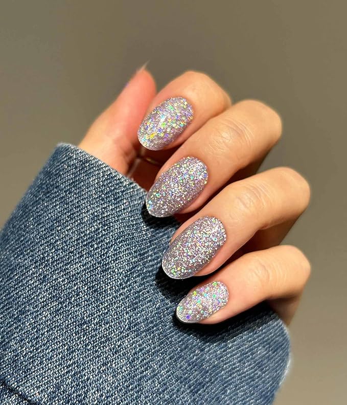 Nail Polish Strips (No UV Lamp Needed) - 22 Pcs Salon Quality Gel Nail Stickers - Long Lasting Wraps (Lightning Storm Silver Glitter)