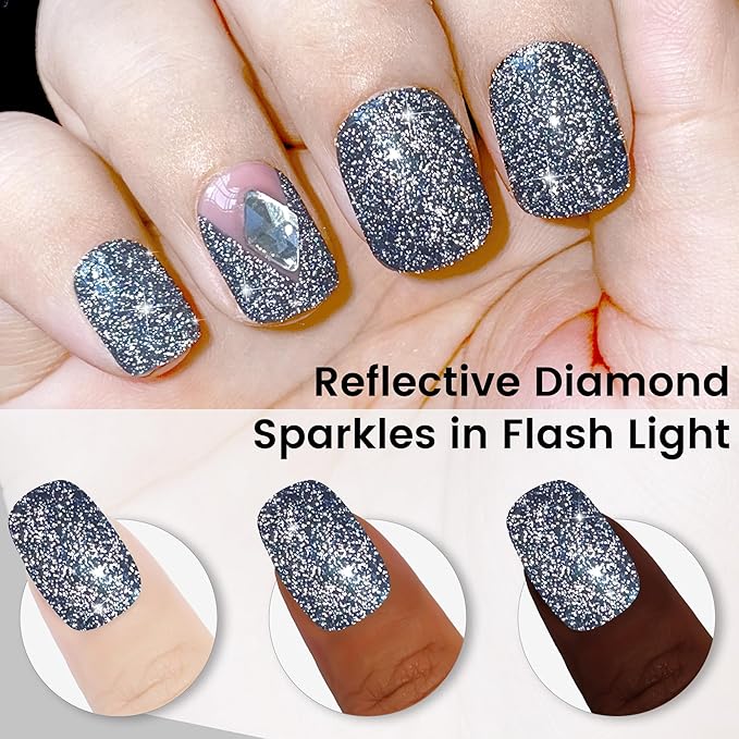 YTD Likomey Reflective Glitter Gel Nail Polish,15ml Black Flash Diamond Shimmer Nails Gel,Dark Blue Tone Black Sparkly Shiny Salon Home Fall Winter Manicure UV Color Varnish,SZ010