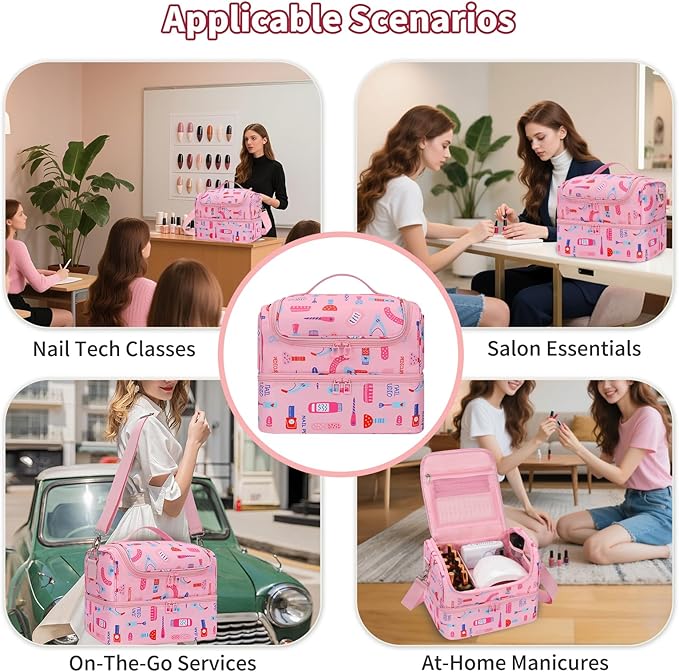 Nail Polish Organizer Case - Holds 45-90 Bottles & UV Nail Lamp, Nail Tech Organizers And Storage Bag for Nail Supplies & Manicure Kit & Pedicure Tools, Nail Technician Case (Cartoon Pink, 45 Slots)