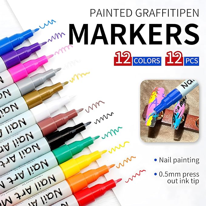 12 Colors Fine Tip Nail Art Pens, 0.6mm Nail Marker Pens for 3D Nail Drawing, Dotting, Graffiti & Painting — Quick Dry Nail Art Liner Pens for Home & Salon