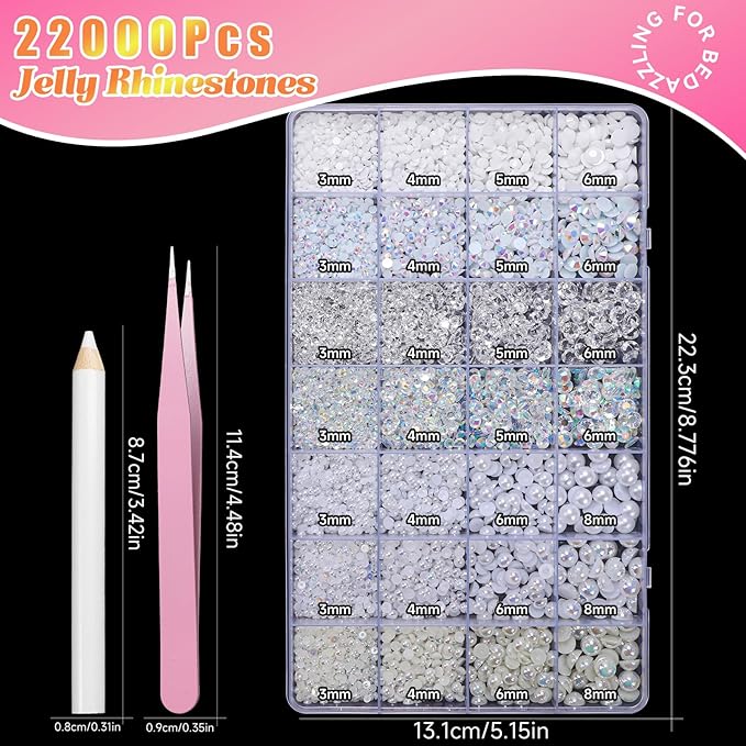 22000 Pcs White Flatback Pearls and Rhinestones Bedazzling Kit, Resin Rhinestones Gems for Crafting, Mixed Size Half Pearls Gems for Nails Face Eyes Makeup Bottles Shoes DIY Crafts