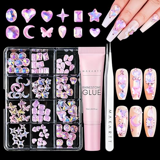 Makartt Nail Charms Rhinestone Glue Kit, 15ml Gel with 100PCS Pink Rhinestones Gems 3D Decor with Tweezer Acrylic Supply for Nails Techs