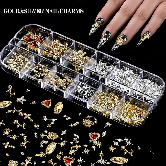 Nail Charms,Nail Gems, Flower Bow Butterfly Nail Charms and Gems,Nail Art Studs and Rhinestones,Nail Decorations Kit with Gold Beads,White Pearls for Nails,Nail Glitters and Stickers