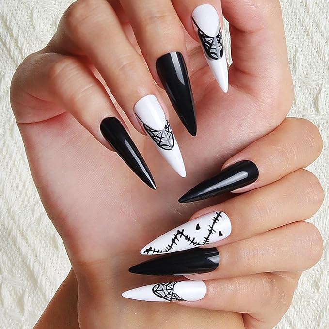 24pcs White and Black Blood Long Almond Press On Nails with Cobweb and Wound for Themed Costumes, Reusable Nail Kit with Adhesive Tabs, 12 Sizes (White and Black)