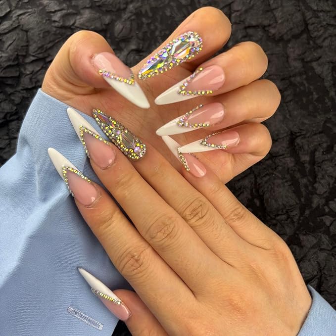 French Tip Press On Nails Long Stiletto,10 Pcs Handmade Acrylic Fake Nails Press Ons Salon Design Stick On Nails,Luxury UV Gel Glue On False Nails with 3D Rhinestone (Middle Size)