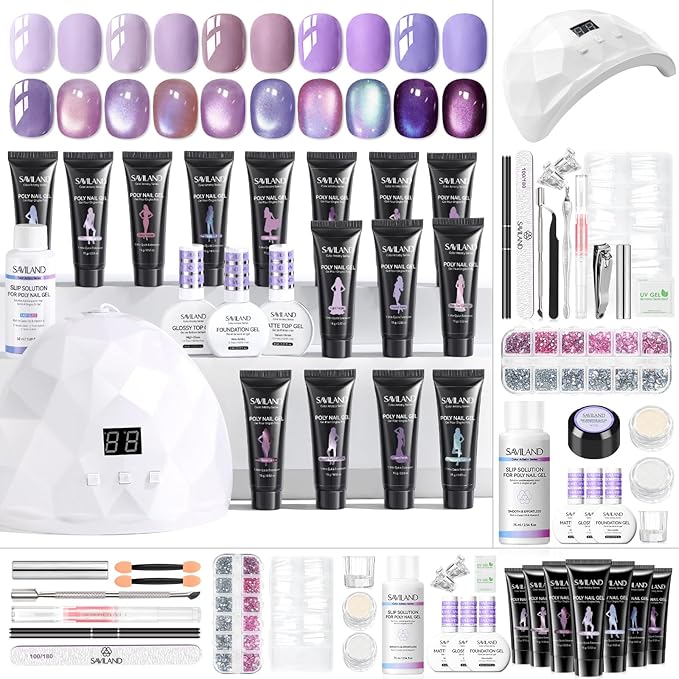 SAVILAND Poly Gel Nail Kit for Starter: 15 Colors Poly Gel Purple Cat Eye with U V Light for fast Curing, 28 Day Long Wear Poly Extension Gel Kit with Slip Solution for Dance Party Nail Art DIY