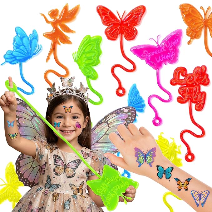 48PCS Butterfly Party Favors - 24PCS Temporary Tattoos & 24PCS Stick Hands Party - Perfect Birthday Party Supplies, Goodie Bag Stuffers, Treasure Box Toys, Classroom Prizes, and Student Gifts