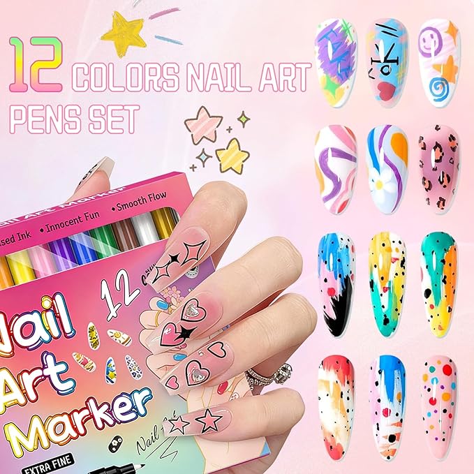 12 Colors Nail Art Pens Set,2026 New Nail Art Markers Doodle Pen for Kids Adults,Drawing Painting Liner Brush for DIY Nail Art Beauty Adorn Manicure Tool(1Set)