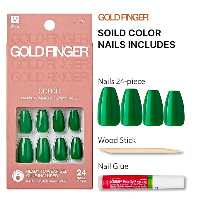 GoldFinger False Nails Kit, Ready to Wear Green Fake Nails, Manicure Stick and Glue Included, Medium Coffin Shape, Long-Lasting Hottest Trend Glue on Nails, Convenient & Easy to Apply, All Occasions