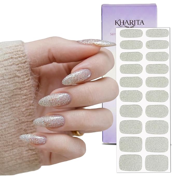 Semi Cured Gel Nail Strips – Real Gel Nail Polish Wraps for Brittle Nails | Waterproof Long Lasting Easy Peel-Off Removal | Hema-Free | 20-Piece Glitter White Salon Kit with File & Stick