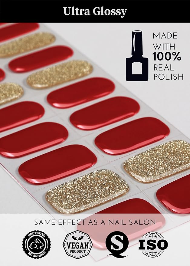 Semi Cured Gel Nail Strips, 20Pcs Long Lasting Salon Quality Wraps, Easy Apply & Remove Gel Nail Stickers with UV Light (Luxe Red Gold)