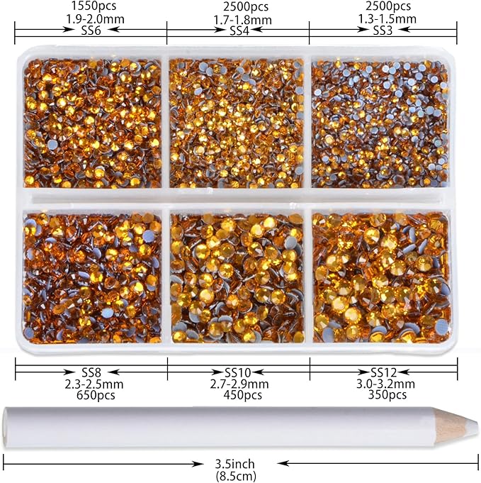 NCB Hotfix Iron on 8000pcs Crystal Rhinestones Round Gem for Crafts Decoration DIY Jewelry Making with a Picking Pen (Topaz, 6Sizes SS3-SS12)