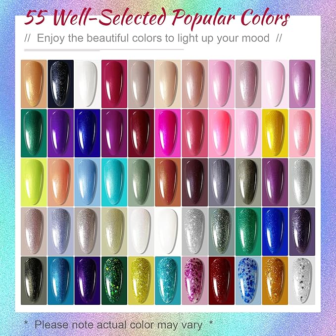JODSONE 60 PCS Gel Nail Polish Starter Kit With U V Light 55 Kinds Of Color Glitter Gel Polish No Wipe Base And Glossy Matte Top Coat Easy To Apply