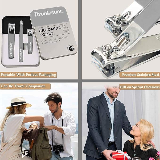 Brookstone Nail Clippers Set - Premium Stainless Steel Nail Clipper and Nail Cutter with Rubberized Non-Slip Grip, Includes Case and Tweezer, Two Nail Clippers for Precision Grooming (Grey)