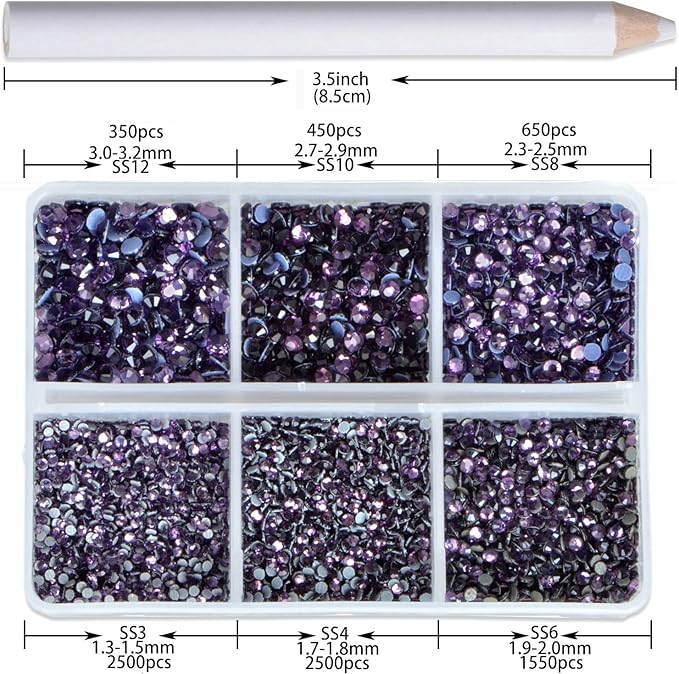 8000pcs Hotfix Rhinestones Flatback,Rhinestones for Crafts Clothes Mixed 6 Sizes, Hotfix Crystals with Wax Pencil Kit, SS3-SS12,Tazanite