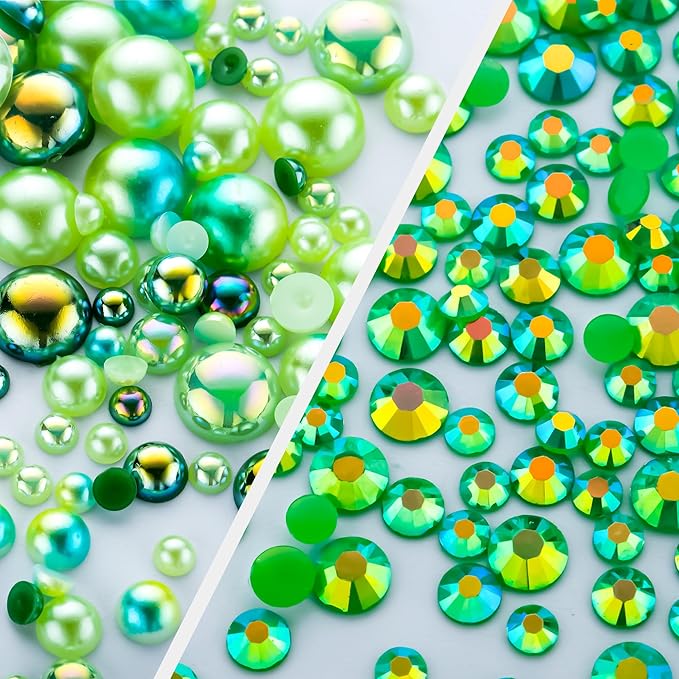 60g Cyan Green St Patricks Day Flat Back Pearls Rhinestones for Crafts Mixed Size 3mm-10mm AB Color Round Half Pearls Flatback Pearl Beads and Resin Rhinestones Set for Face Art with Glue