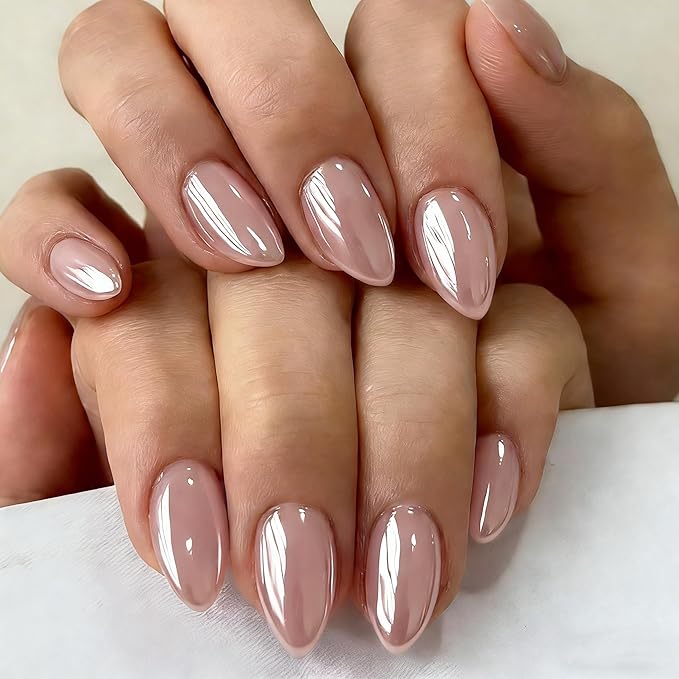 Chrome Nude Pink Press on Nails Short Almond, Glazed Cute Fake Nails with Sparkle Mirror Design, Shiny Glitter Glue on Nails Stiletto, Gel Nail Press ons with Glue for Fingernail 30 Pcs