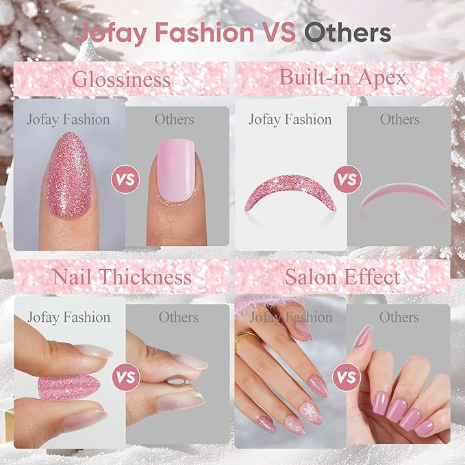 Press On Nails Almond - Jofay Fashion Pink Snowflake Glitter Press On Nails, Glossy Acrylic Fake Nails with Glue for Women, Reusable Winter Glue On Nails in 16 Sizes - 32 Stick On Nails Kit