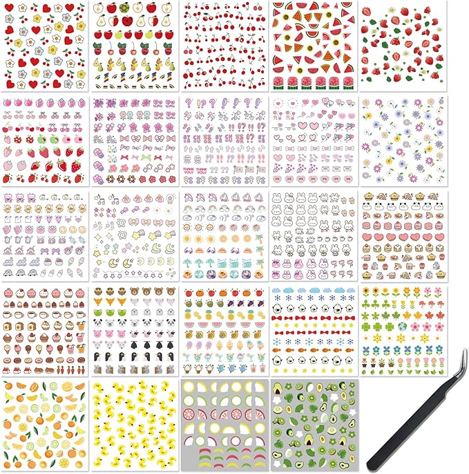 24 Sheets Nail Stickers Nail Art for Women Girls Cherry Fruit Yellow Duck Rabbit Cute Animals Self Adhesive DIY Design Printing Kids Nail Stickers Spring Nail Decoration Decals 1 Tweezers