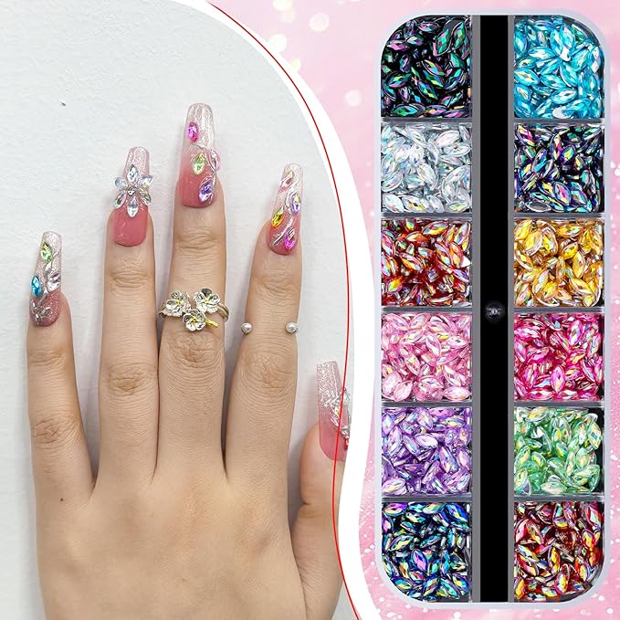960pcs 3x6mm Horse Eye Nail Rhinestones, 12 Colors Sparkling Shiny Crystal AB 3D Flatback Gems Shiny Nail Diamonds with Tweezers and Dual-end Brush for Crafts DIY, Face Makeup Gems Jewels (10-K1)