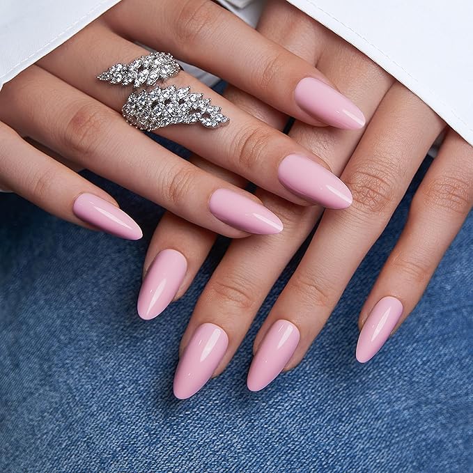 CurvLife Press On Nails Long Almond Solid Pink, Glossy Soft Gel Fake Nails, Reusable Salon Look Manicure for Women Teens Beginners, 30pcs, Daily Wear Work Party