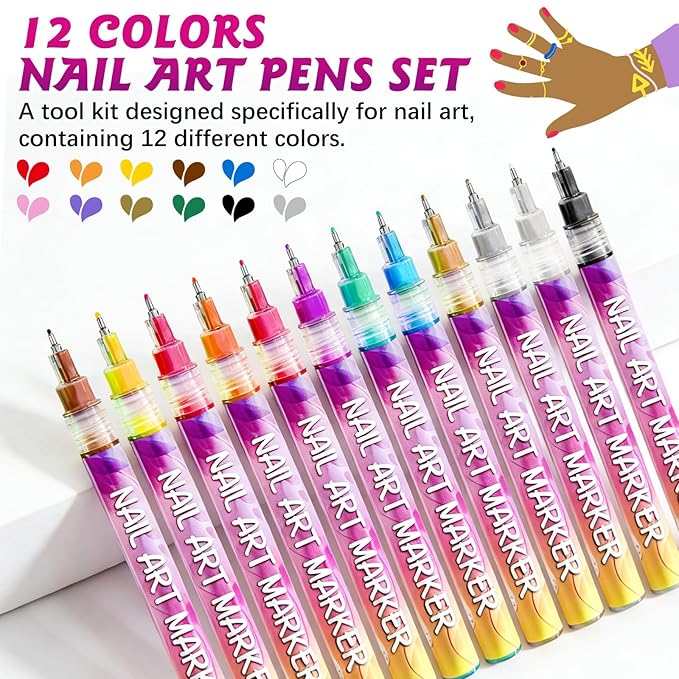 Nail Art Pens, 12 Color 0.5 MM Nail Polish Pens Set Drawing Point Painting Liner Painted Pen Kit, Waterproof Quick Dry Nail for DIY Nails Art Design Manicure Tools