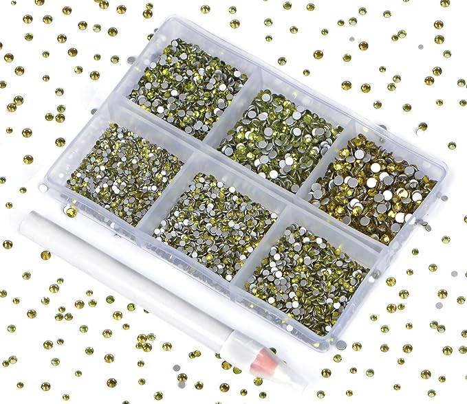 Bymitel 7200 Pieces 6 Mixed Sizes Glue Fix on Glass Rhinestones Round Crystal Gems Flatback for DIY Jewelry Making with one Picking Pen(6-Sizes 7200PCS, Olivine)
