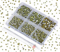 Bymitel 7200 Pieces 6 Mixed Sizes Glue Fix on Glass Rhinestones Round Crystal Gems Flatback for DIY Jewelry Making with one Picking Pen(6-Sizes 7200PCS, Olivine)