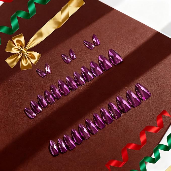 Chrome Press on Nails Short Almond, Metallic Purple Fake Nails with a Sparkle Mirror Finish, Glitter Glue on Nails for Women Birthday Party, Thick Quality Soft Gel Nail Press ons 30 Pcs