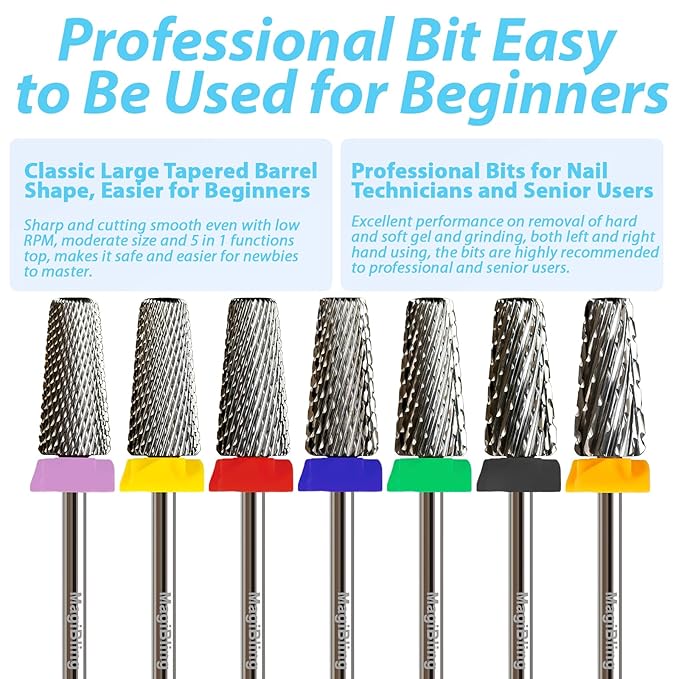 6.6mm Large Tapered Barrel 5-in-1 Nail Drill Bit, 3/32" Safety Cross-Cut Tungsten Carbide Efile Bit for Fast Gel & Acrylic Removal, Two-Way Rotation, Professional Nail Tech & Beginner Bit, Medium.
