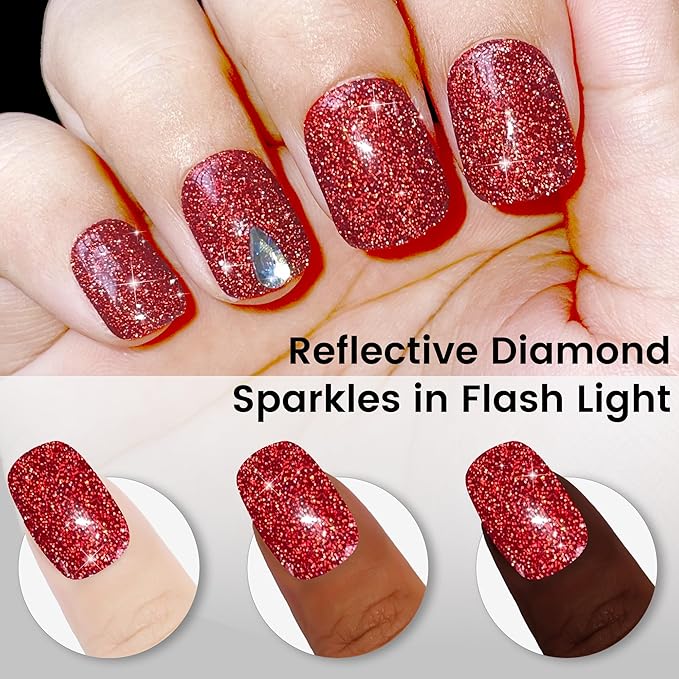 YTD Likomey Reflective Glitter Gel Nail Polish,15ml Red Flash Diamond Shimmer Nails Gel,Sparkly Shiny Salon Home Fall Winter Manicure UV Color Varnish,SZ001